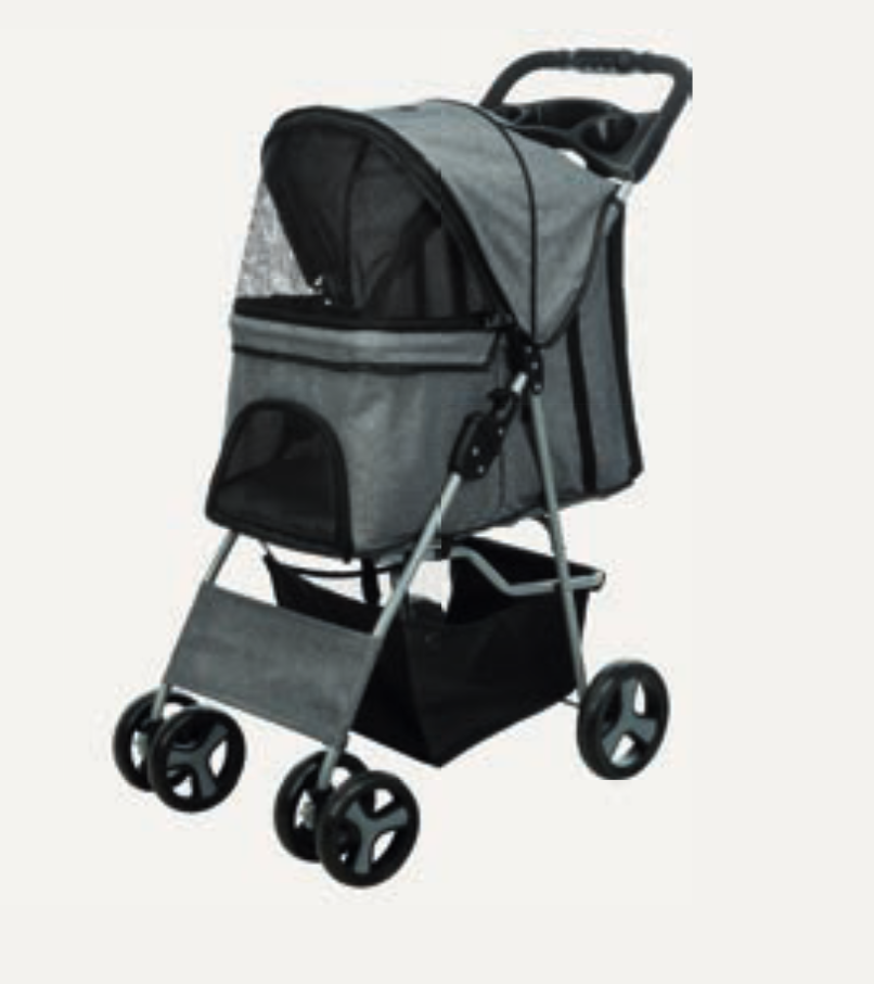 Carrinho cinzento para animais de estimação com rodas e capota