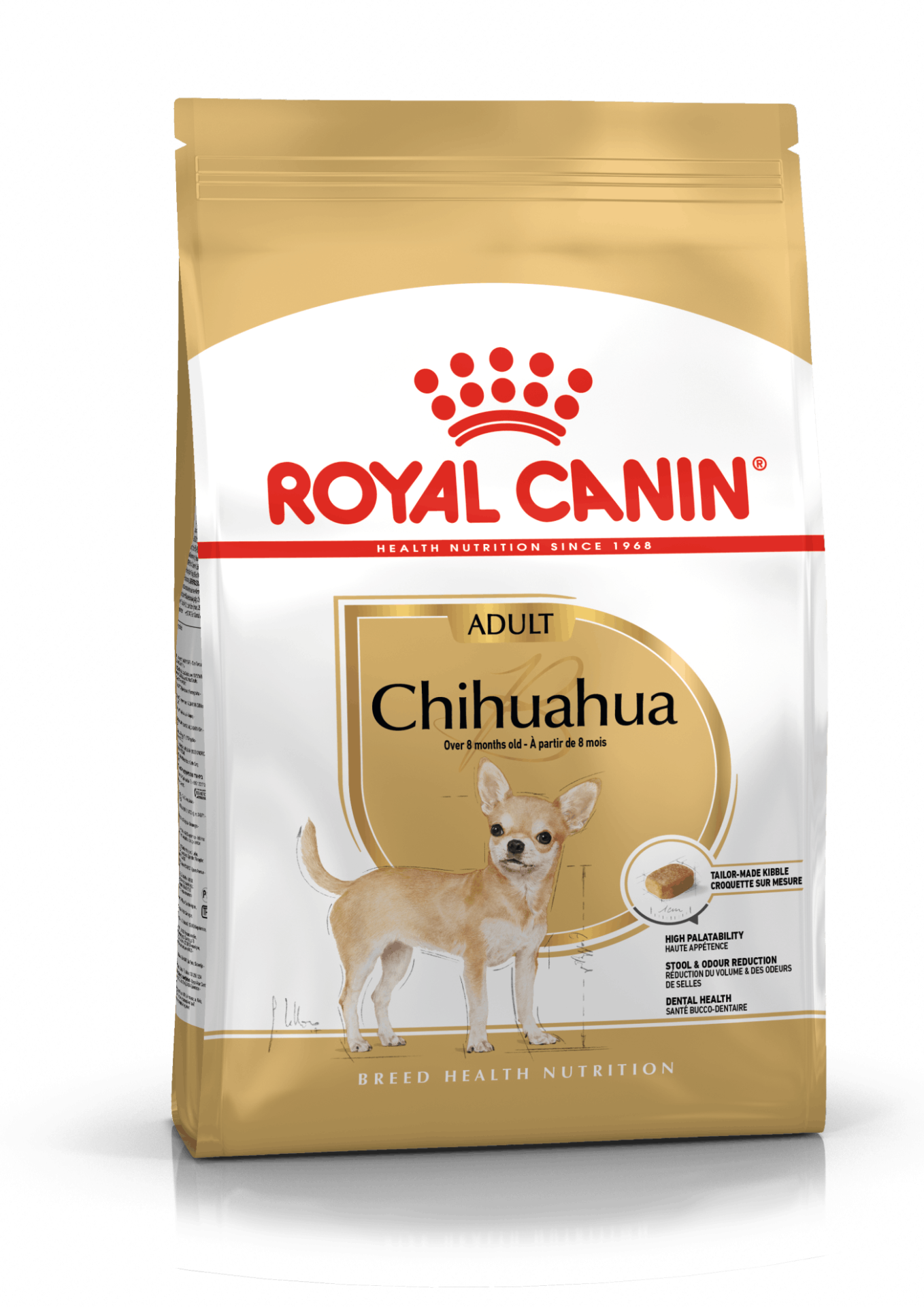 Saco de ração Royal Canin para Chihuahua adulto com imagem do cão, em embalagem bege e branca