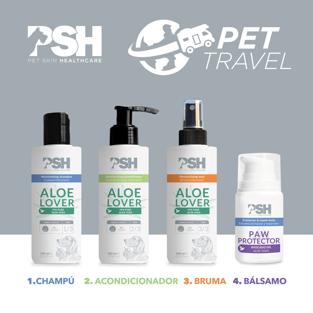 Produtos PSH para cuidados de pele de animais com Aloe Vera, champô, acondicionador, bruma e bálsamo protector em frascos brancos com tampas de diferentes tipos sobre fundo cinzento-azulado.