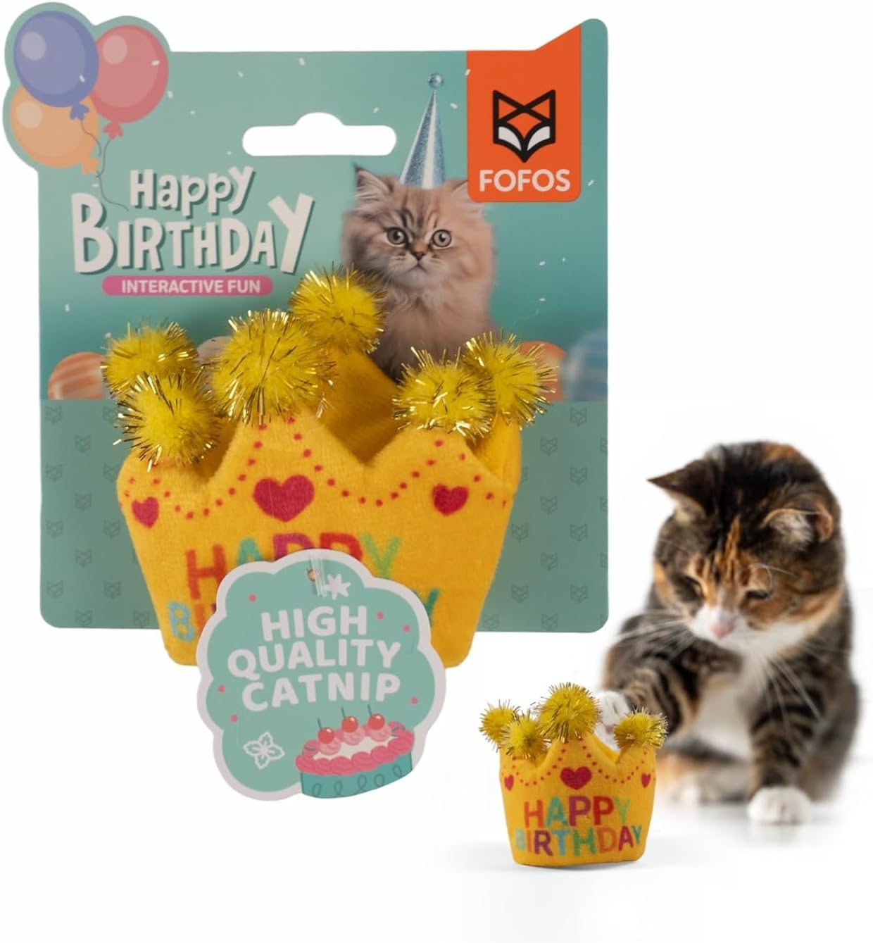 brinquedo para gato em forma de coroa amarela com pompons dourados e texto Happy Birthday na embalagem colorida
