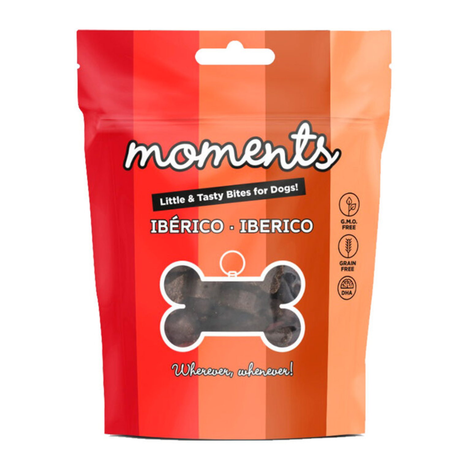 Embalagem de snacks para cães Moments Ibérico com janela em forma de osso