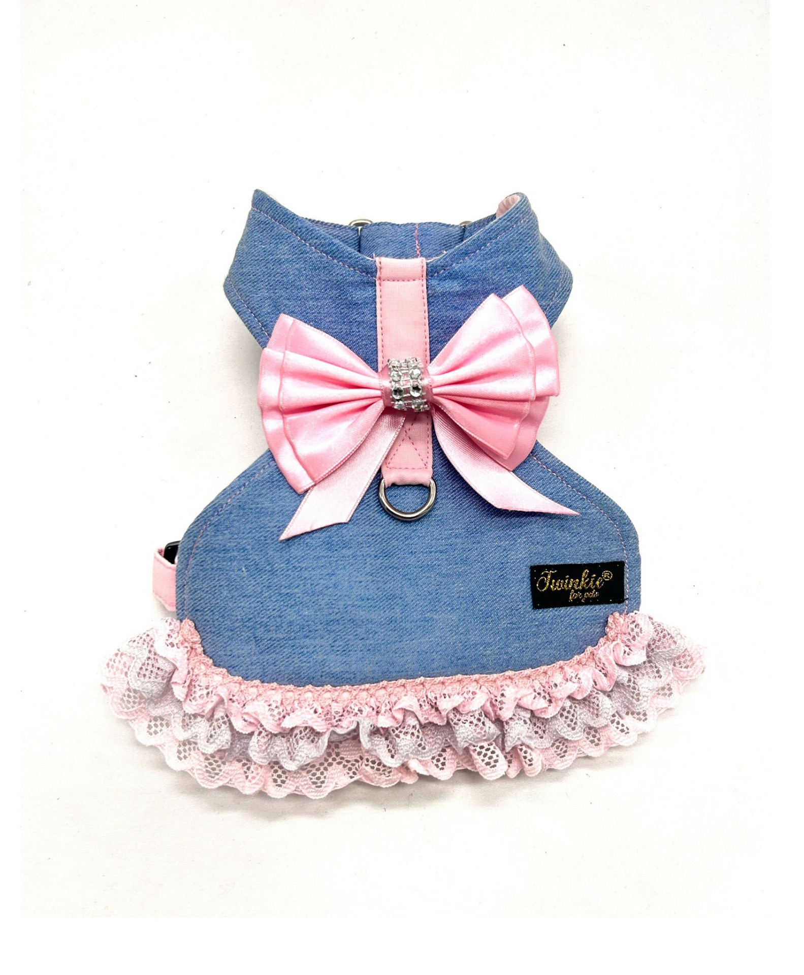 Colete para cão em tecido ganga azul com folhos de renda rosa e laço cor-de-rosa