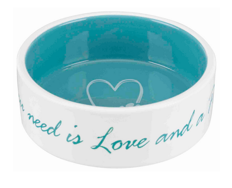 Gamela de cerâmica azul e branca para cães com texto e desenho de coração