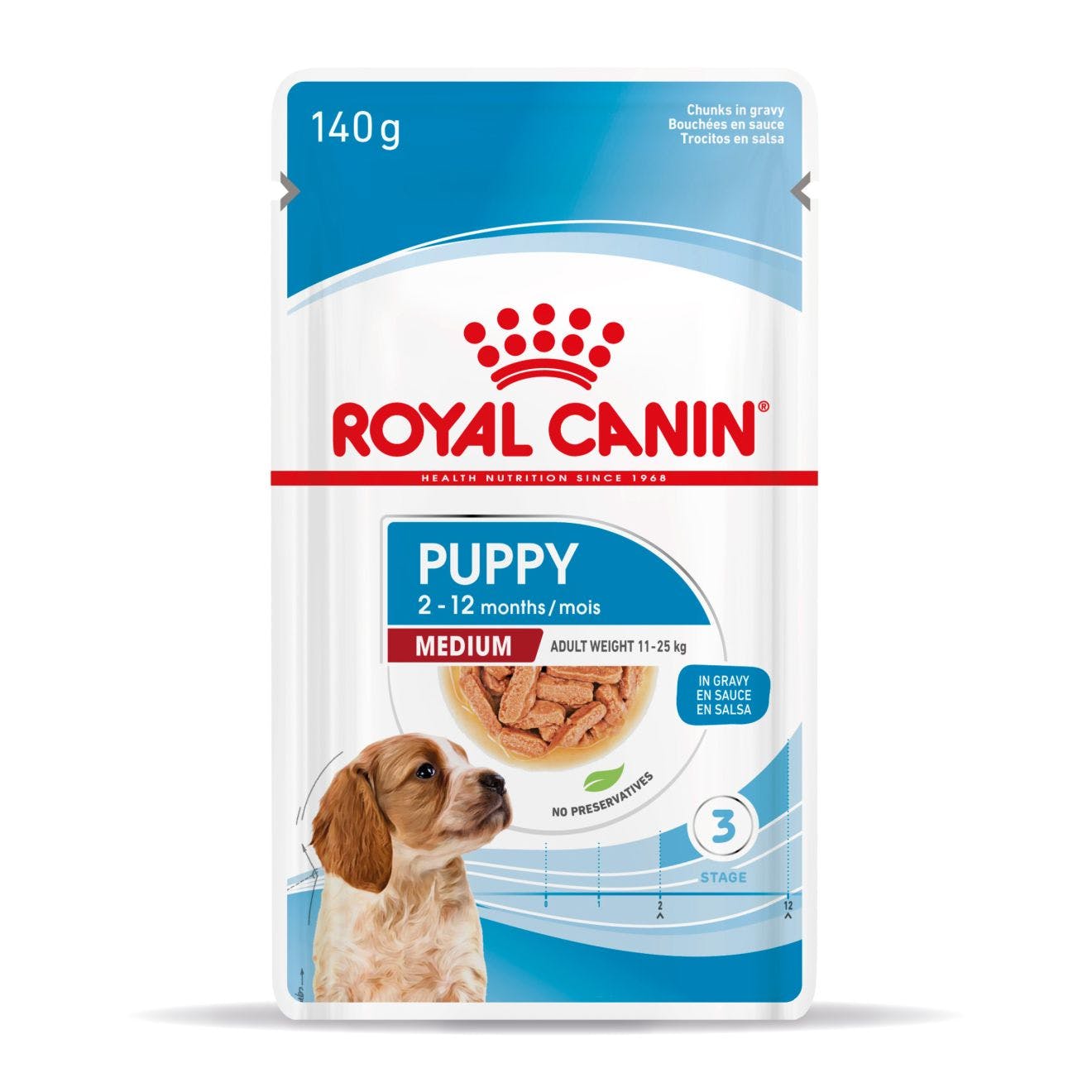Pacote Royal Canin Puppy Medium 140g para cachorros, azul e branco, com imagem de cachorro