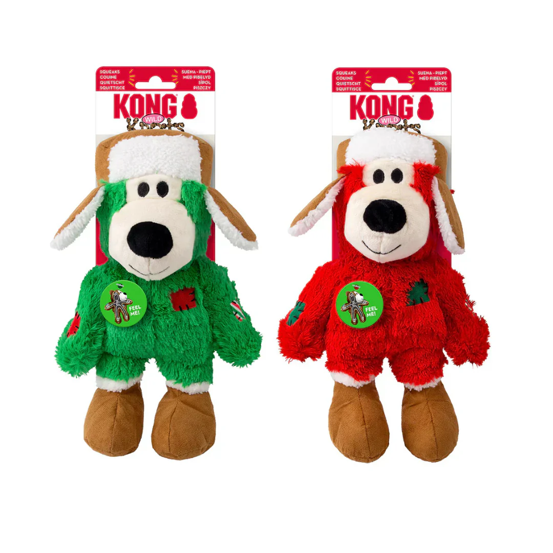Brinquedos para cães em peluche verde e vermelho da marca KONG WILD com etiqueta FEEL ME.