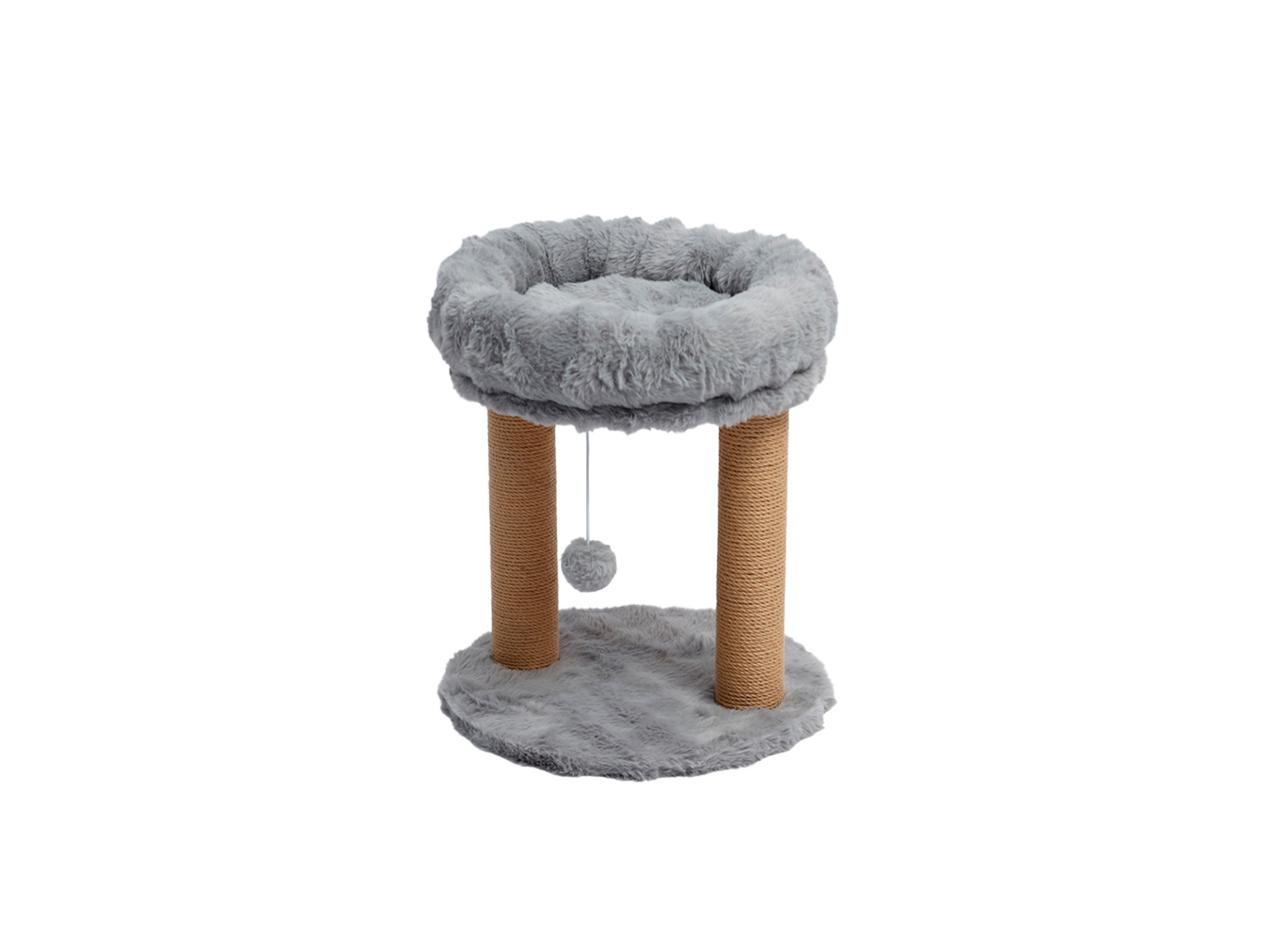 Arranhador de gato cinzento com poste de sisal castanho e bola pendurada