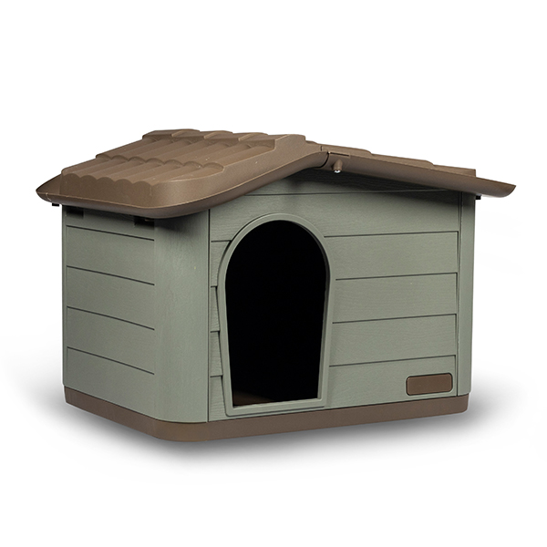 Casota para cães cinza com telhado castanho