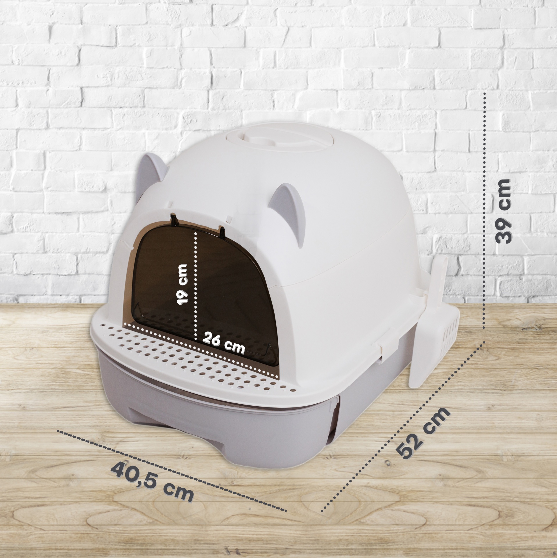 Casa de banho para gato em plástico branco com porta escura e formato arredondado