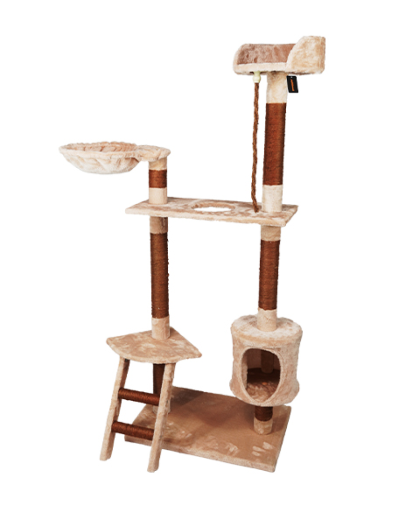 Estrutura para gato com vários níveis e acessórios em castanho claro e castanho