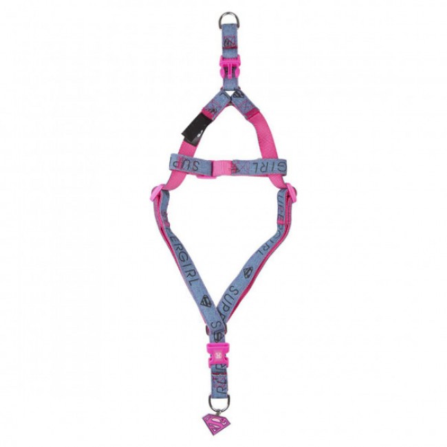 Peitoral para animais azul e rosa com texto 'SUPER GIRL' e pendente em forma de escudo
