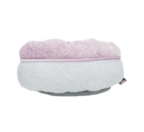 Almofada redonda rosa e cinza clara com padrão chevron