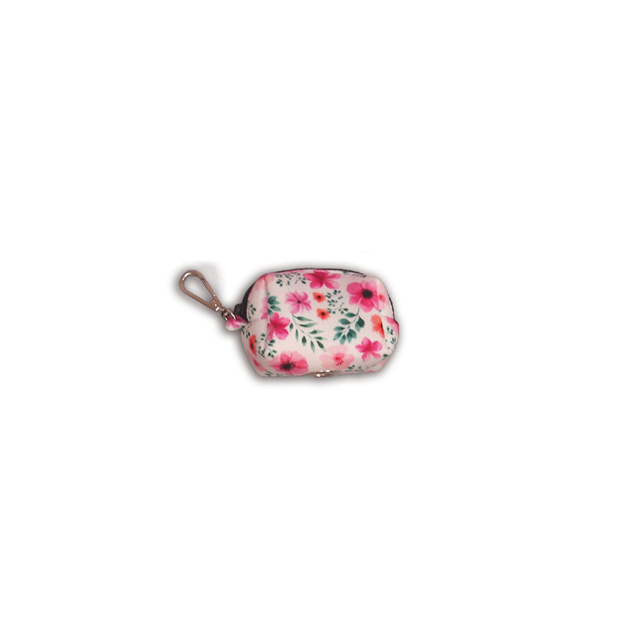 Necessaire pequena com padrão floral em rosa, branco e verde com argola metálica