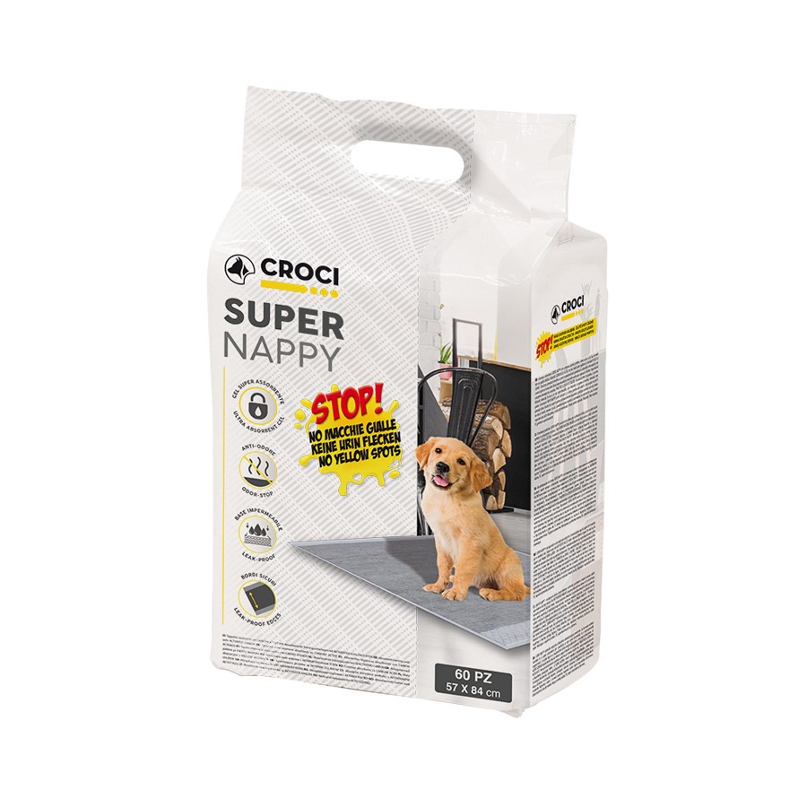 Pacote de tapetes higiênicos para cães Croci Super Nappy branco e cinzento com imagem de um cão