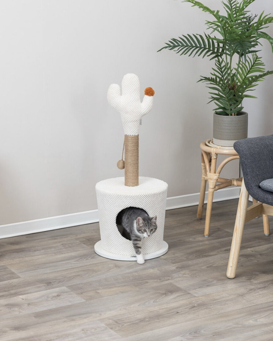 Arranhador para gatos em forma de cacto branco com base redonda e poste de sisal