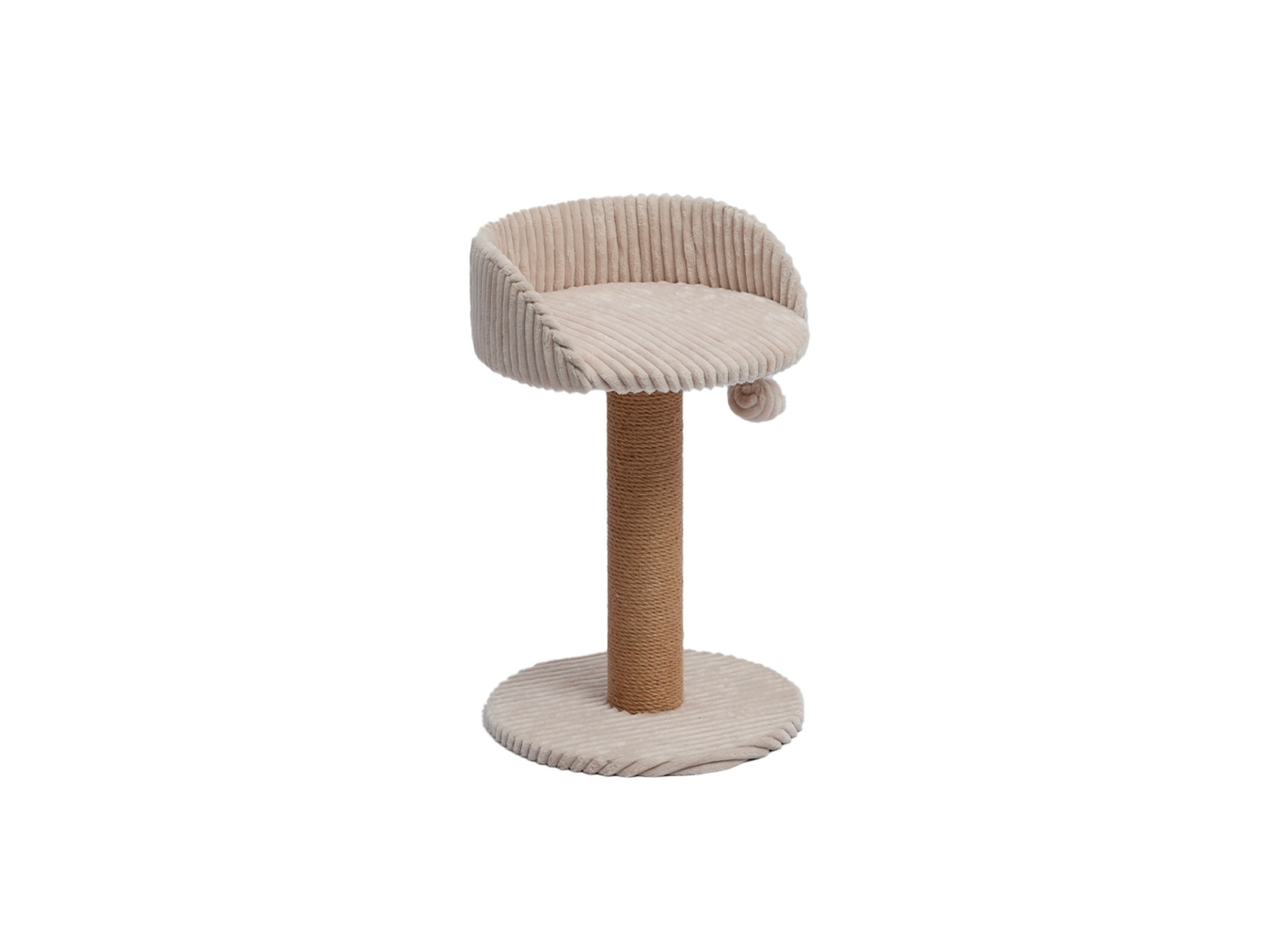 Arranhador para gatos bege com poste de sisal e cama superior acolchoada