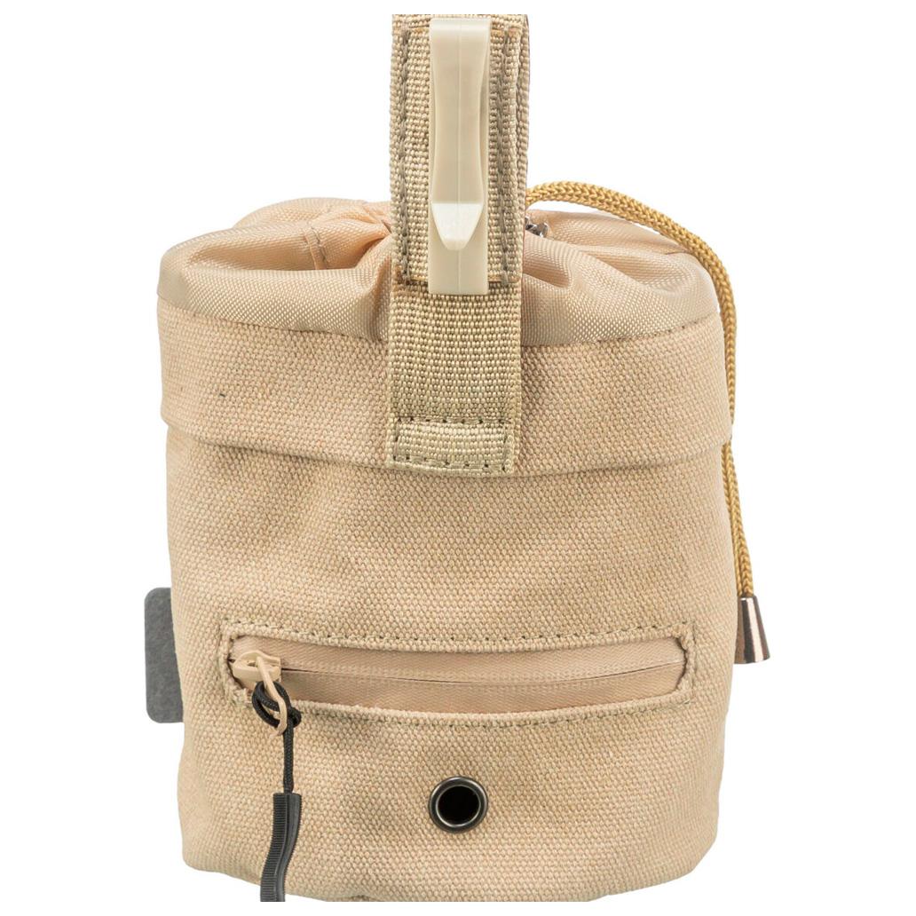 Saco ou estojo de tecido bege com fecho de cordão e bolso frontal com fecho de correr