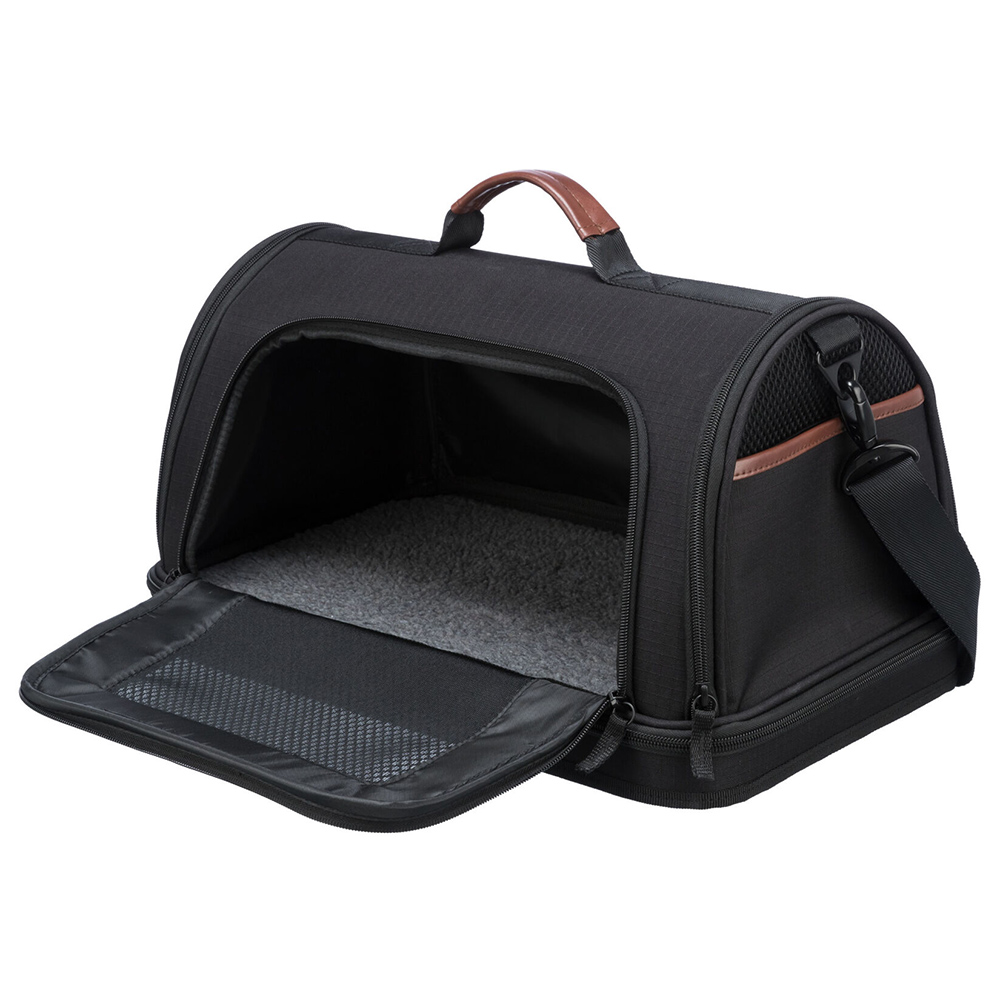 Bolsa de transporte preta para animais com abertura frontal e alça