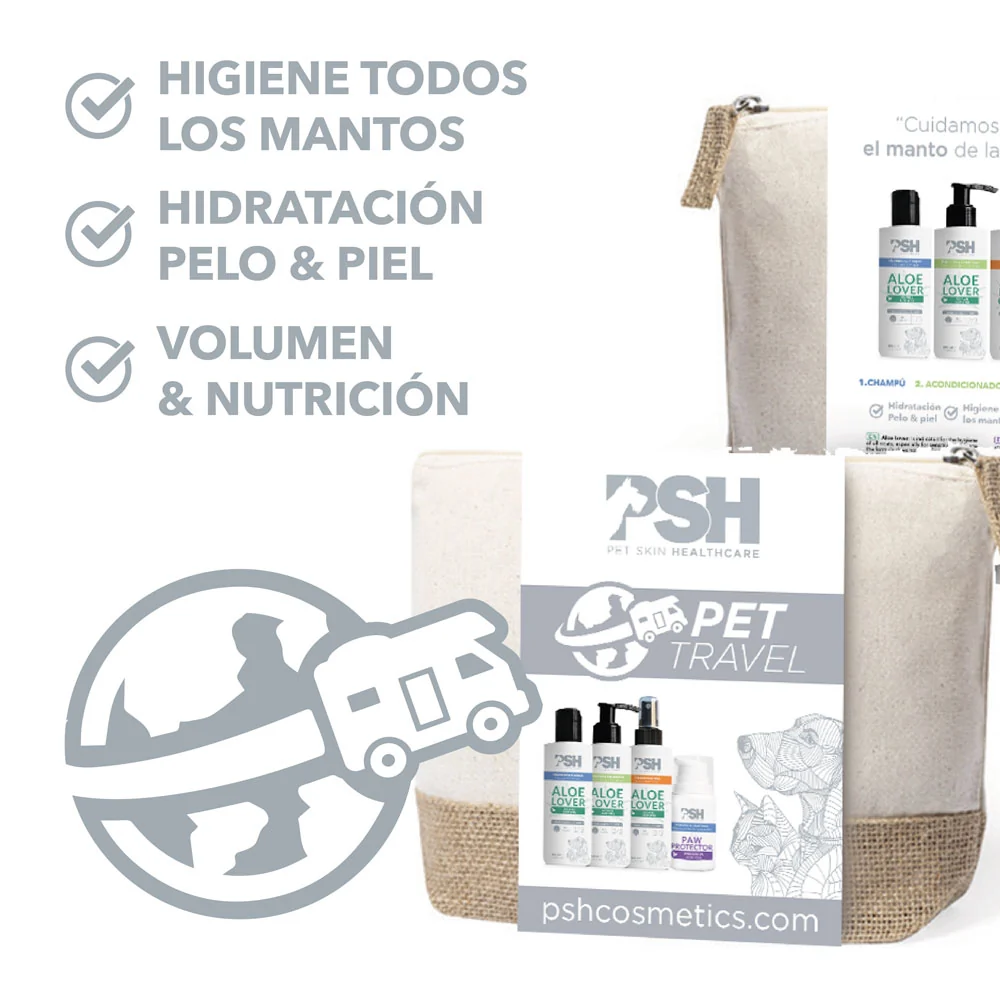 Conjunto de produtos PSH Pet Skin Healthcare para cuidados de pele e pelo de animais com bolsa de tecido bege.