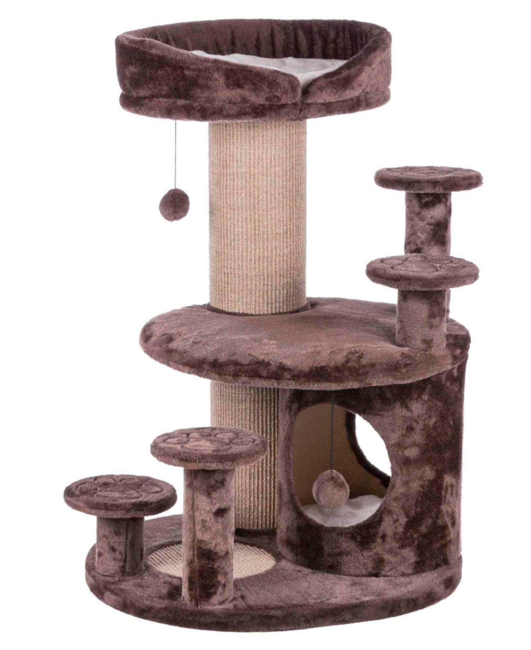 Arranhador para gatos em tecido castanho com postes em sisal e plataformas