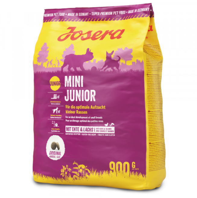 Saco de ração Josera Mini Junior para cães pequenas raças, amarelo e roxo, 900 g
