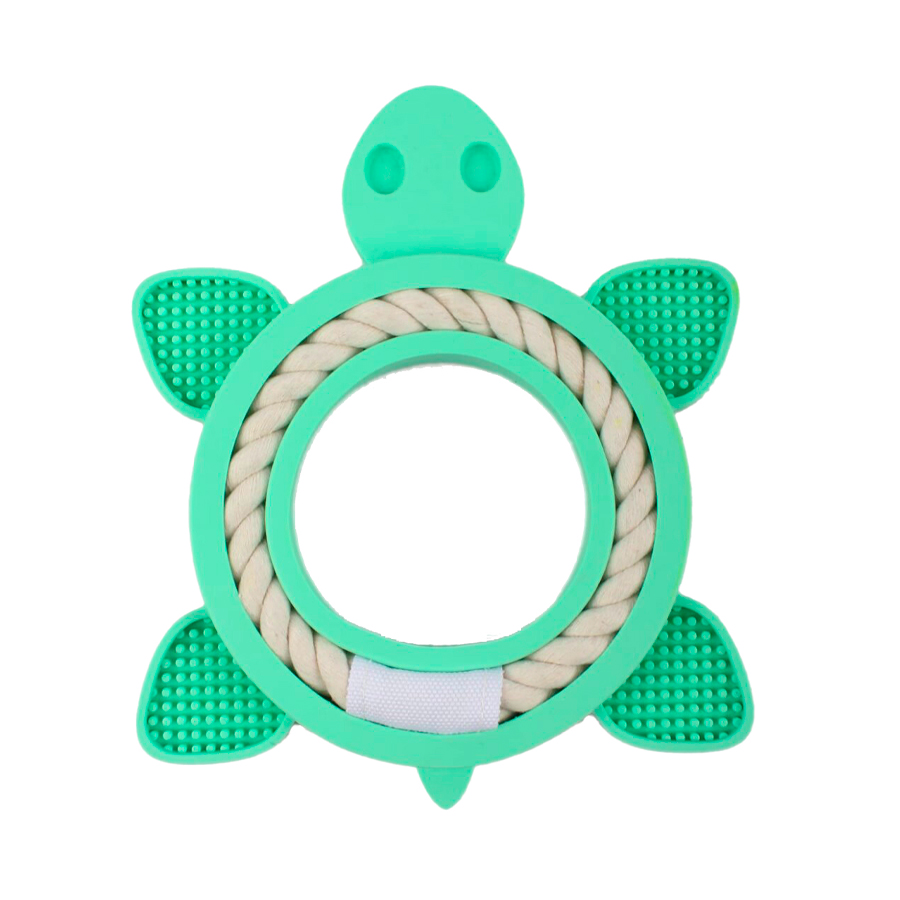 Brinquedo em forma de tartaruga verde com corda no centro para cães