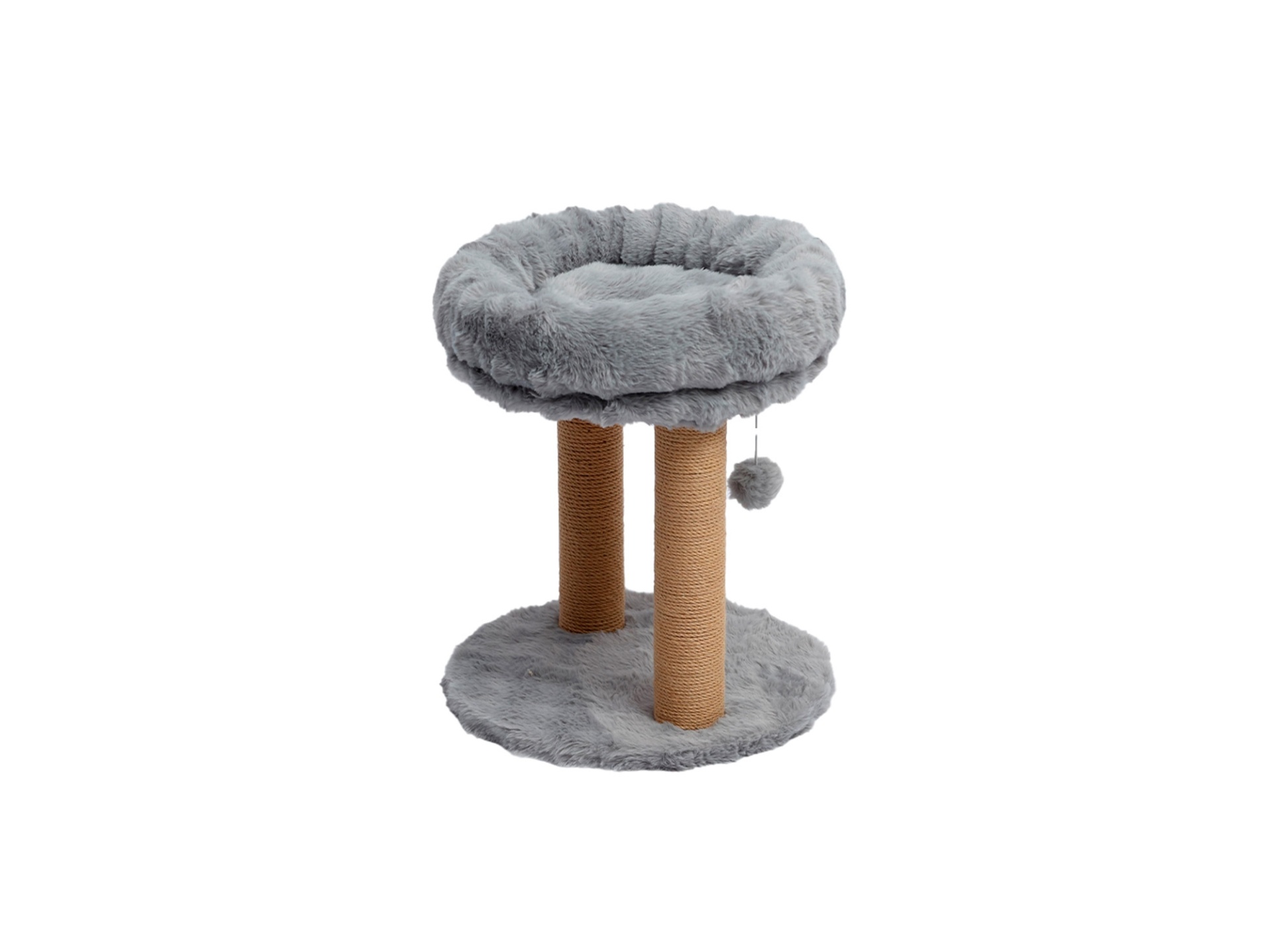 Arranhador para gatos cinzento com dois postes de sisal e cama felpuda redonda no topo