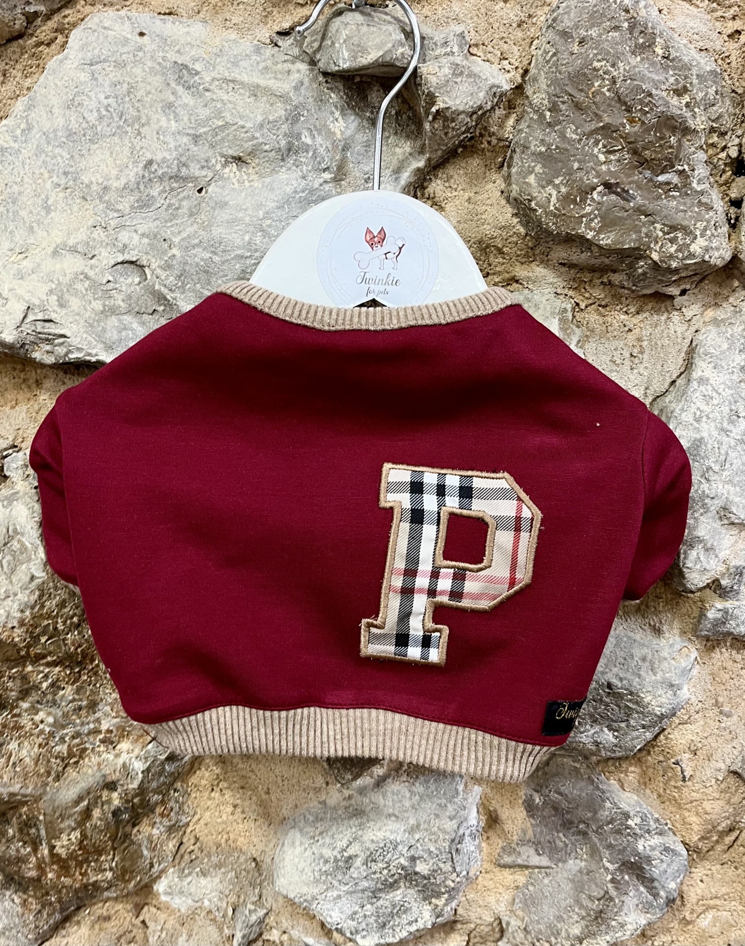 Camisola vinho para cão com letra P xadrez em cabide na parede de pedra