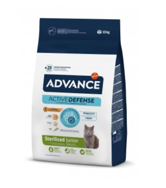 Saco de ração para gatos Advance Active Defense Sterilized Junior de 10 kg com imagem de gato