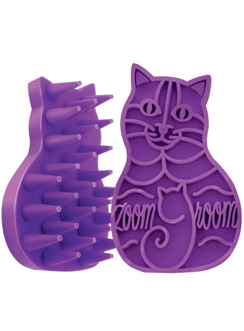 Escova roxa em forma de gato com cerdas de plástico