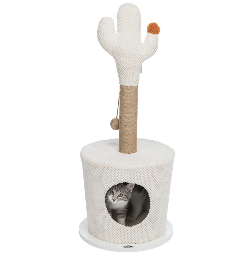 Arranhador para gatos branco com poste em corda e cacto no topo, com gato dentro da base.