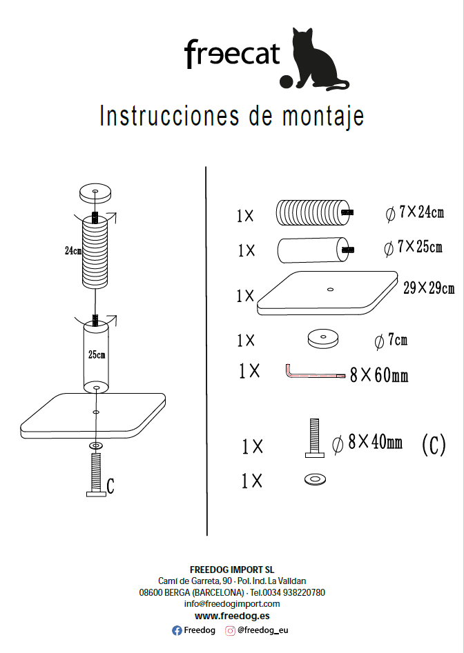 Instruções de montagem de produto Freecat com componentes e medidas