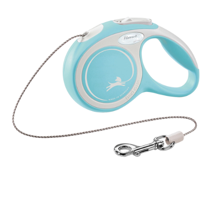 Trela automática para cão azul claro e branca com cabo de aço e fecho metálico