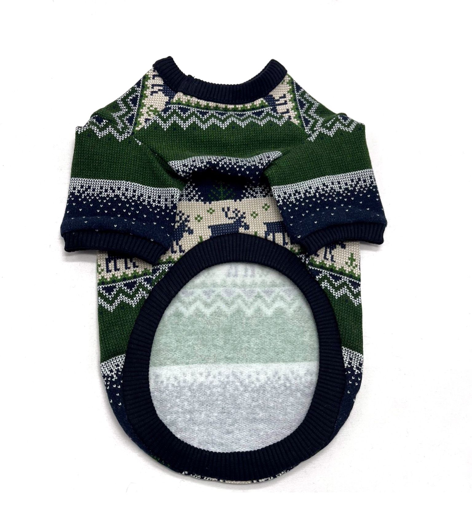 Camisola de malha para cão com padrão Natal, verde, azul e branco.
