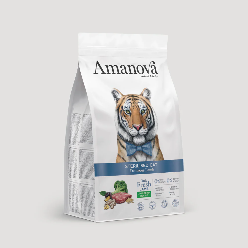 Saco de comida para gatos Amanova branco com tigre e gravata azul