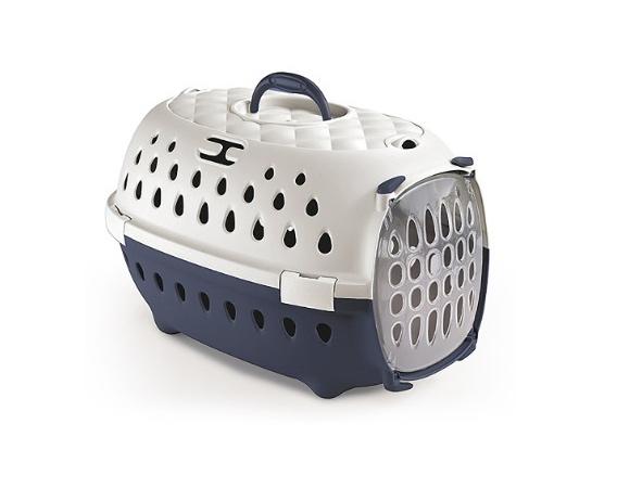 Transportadora para animais de estimação branca e azul com portas e ventilação