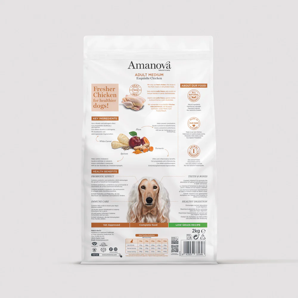 Embalagem branca de comida para cães Amanova Exquisite Chicken com ilustração de cão e ingredientes