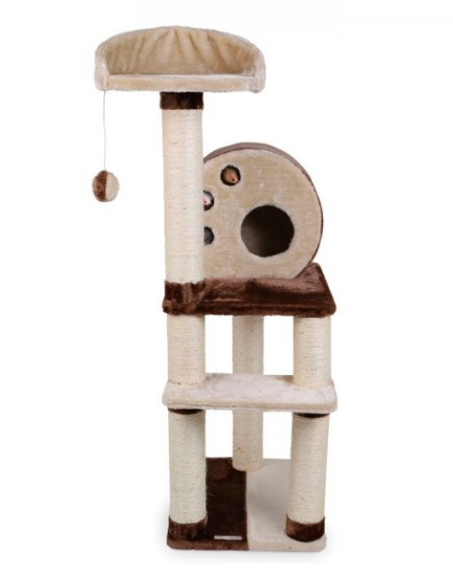 Arranhador para gatos com pelúcia bege e castanha e postes de sisal brancos