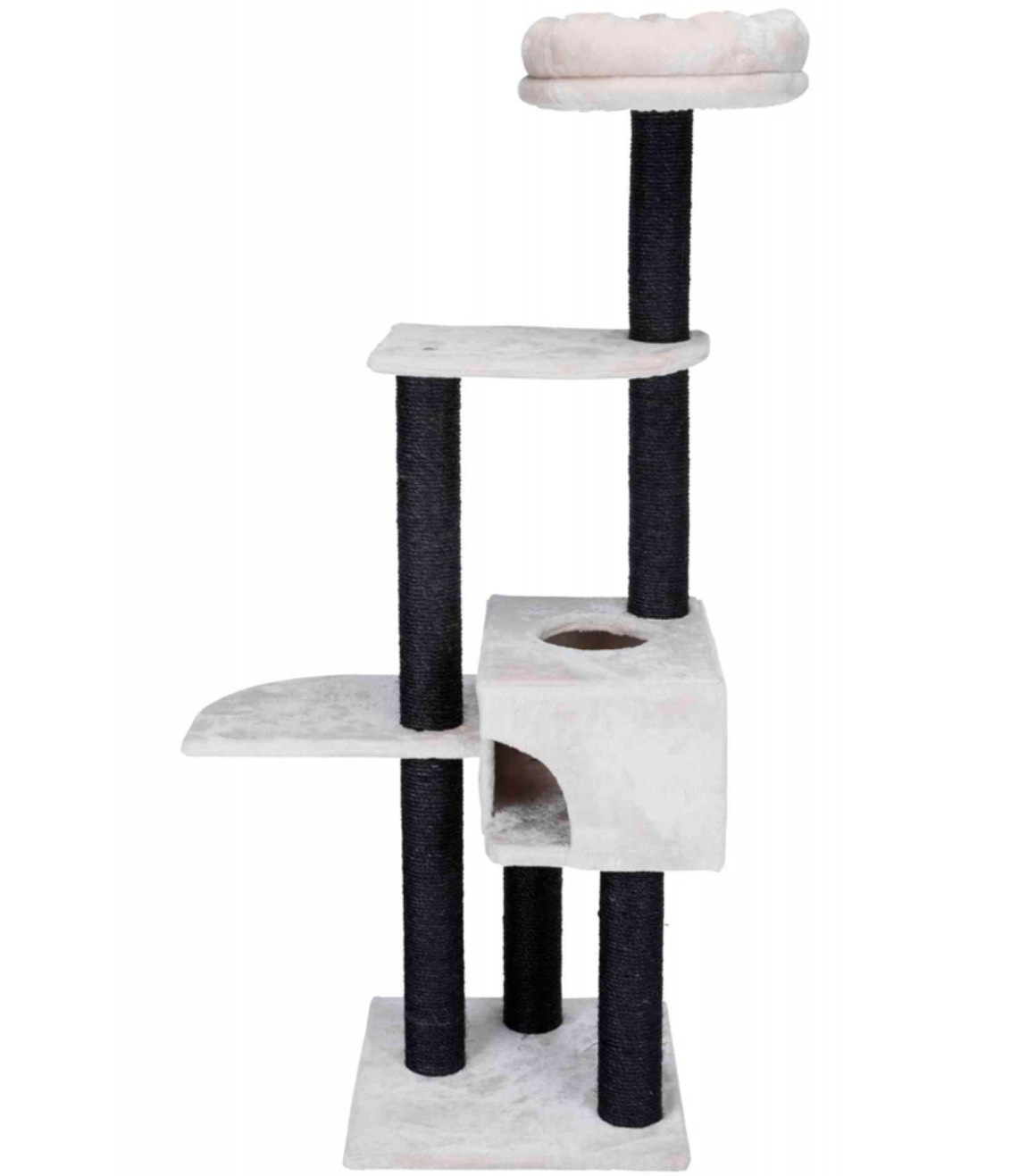 Arranhador para gato branco com postes pretos e casa integrada