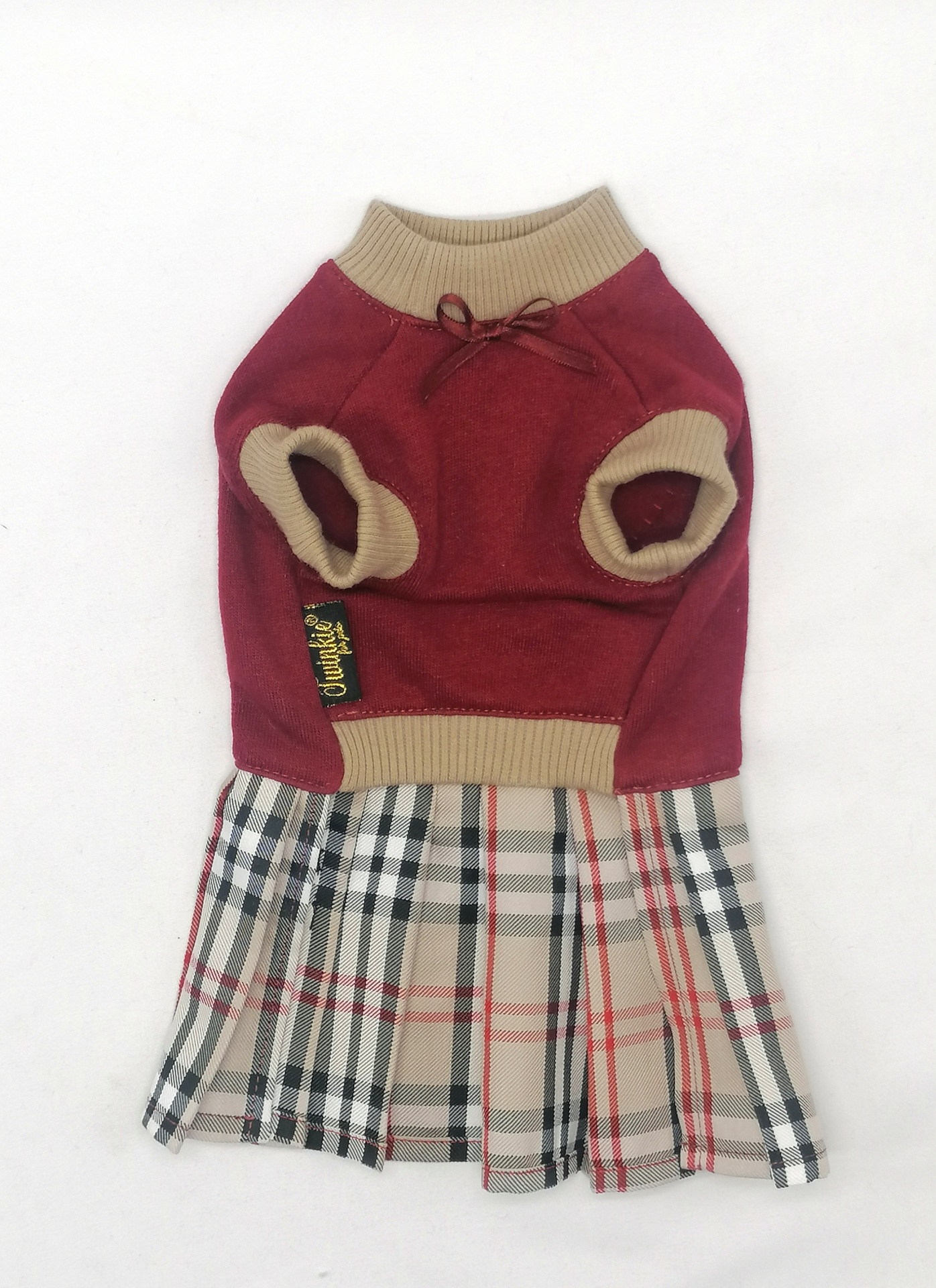 Vestido para cão vermelho e bege com saia xadrez plissada