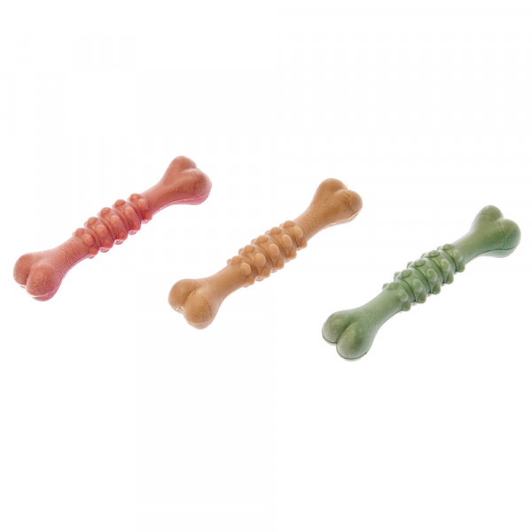 Três ossos de brinquedo para cães em rosa, castanho e verde com textura em relevo