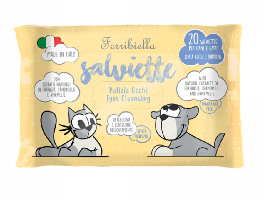 Pacote amarelo de toalhitas para cães e gatos com ilustrações de um gato e um cão