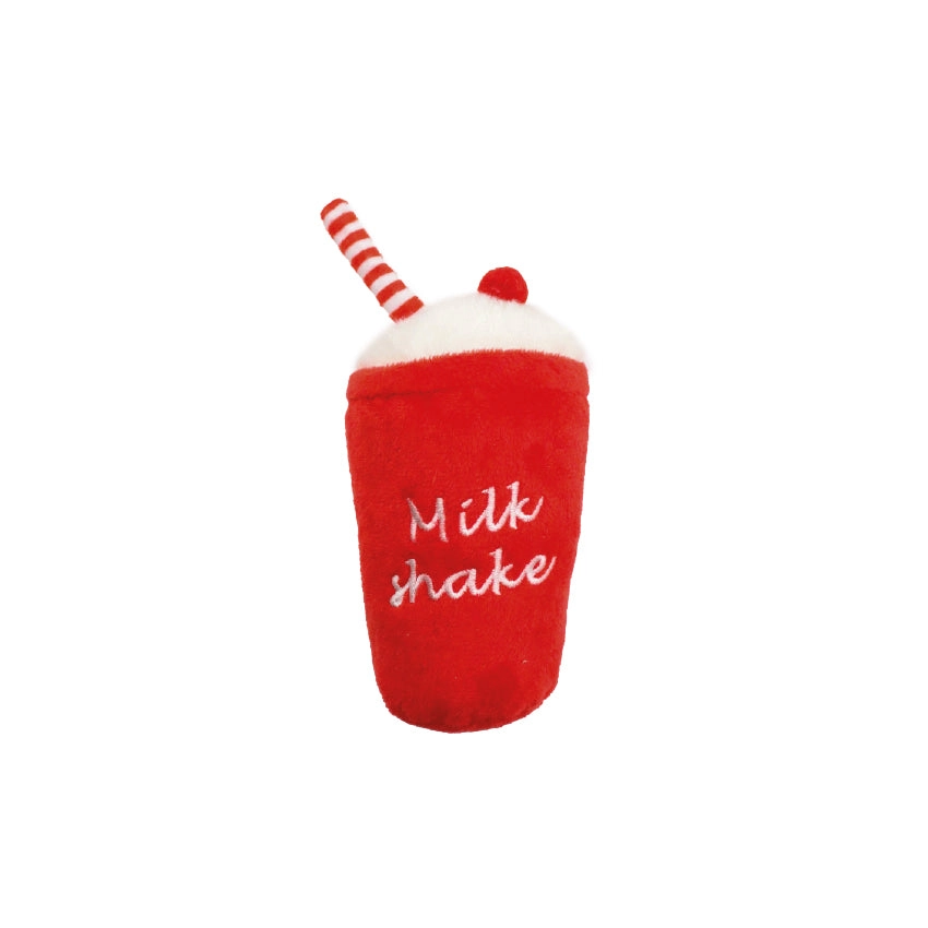 Brinquedo de peluche em forma de milkshake vermelho com topo branco e canudo às riscas
