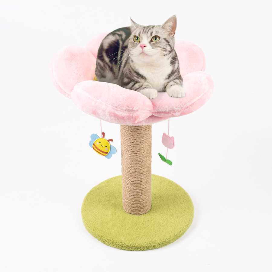 Arranhador para gatos com cama em forma de flor cor-de-rosa e base verde