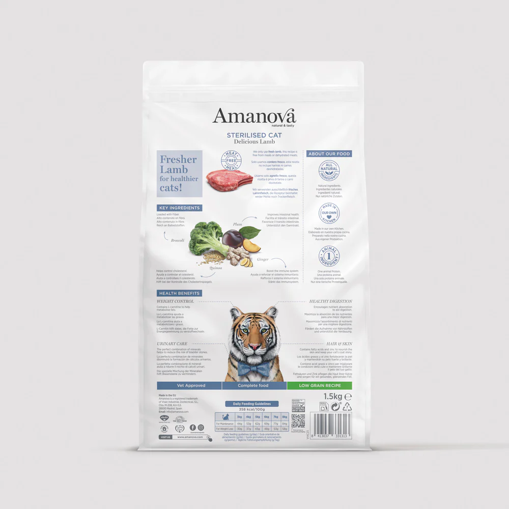 Embalagem de ração para gato Amanova Sterilised Cat com tigre e ingredientes naturais