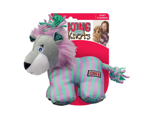 Brinquedo para cães em forma de leão com riscas verdes e roxas e crina rosa