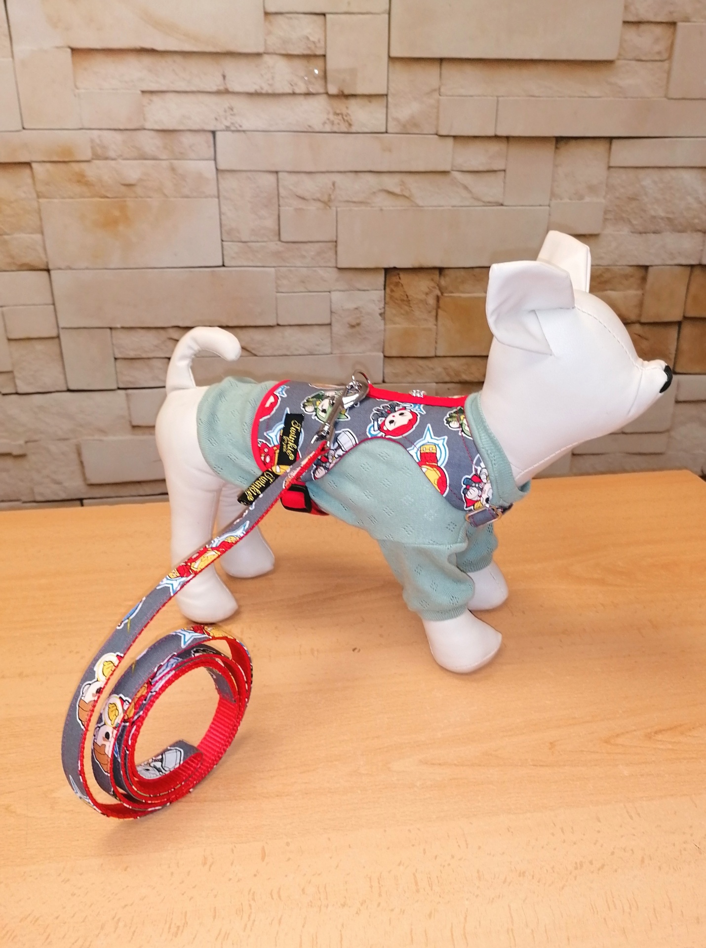Mannequin de cão com roupa e trela colorida sobre mesa de madeira e parede de pedras claras