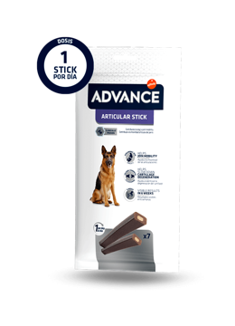 Pacote branco de snacks para cães ADVANCE Articular Stick com imagem de cão e texto promocional