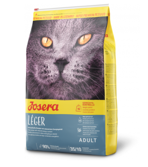 Ração para gatos Josera LÉGER adulto embalagem amarela e azul com imagem de gato cinzento