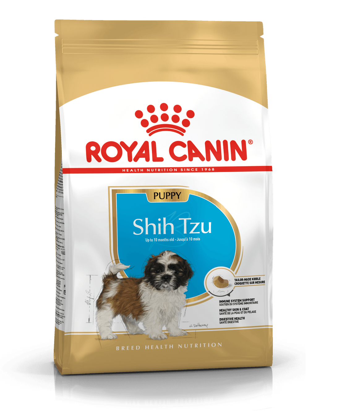 Embalagem doura e branca de ração Royal Canin Puppy para Shih Tzu com imagem do cão