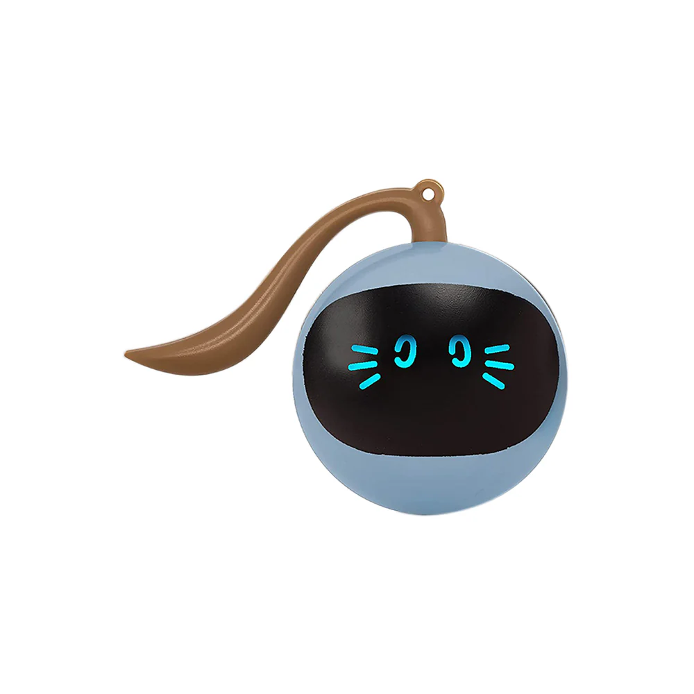 Ornamento bola azul clara com visor preto e rosto pixelado azul, cauda castanha